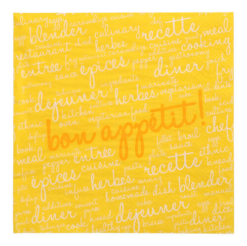20 PAPSTAR lautasliinaa (40 x 40 cm, 3-kerroksinen, 1/4-taitto) PAPSTAR GmbH:lta, keltaisella suunnittelulla, jossa on ranskalaisia ja englantilaisia kulinaarisia sanoja valkoisella ja "bon appétit" oranssilla – ihanteellinen lisäämään viehätysvoimaa pöytääsi.