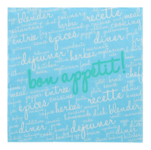 20 lautasliinaa (40 x 40 cm, 3-kerroksinen, 1/4-taitto) PAPSTAR GmbH:lta koostuvat sinisistä lautasliinoista, joissa on ranskalaisia ja englantilaisia kulinaarisia sanoja valkoisella ja vihreällä – yhdistelmä tyylikästä suunnittelua ja korkeaa laatua eleganttiin pöytään.