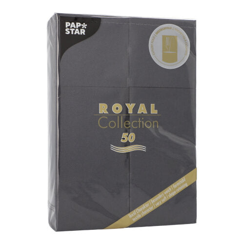 Eine versiegelte Packung mit 50 Servietten „ROYAL Collection“ 48 x 30 cm mit Besteckfalz der PAPSTAR GmbH, mit gold-weißem Text und einem runden Emblem in der oberen rechten Ecke.