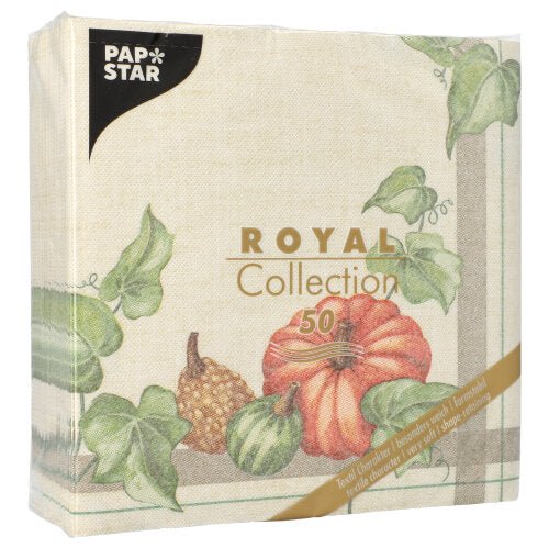 50 kappaleen paketti PAPSTAR lautasliinaa "ROYAL Collection" (1/4-taitos, 40x40cm) PAPSTAR GmbH:lta, beige-vihreällä kurpitsa-, kurpitsa- ja lehtikuviolla.