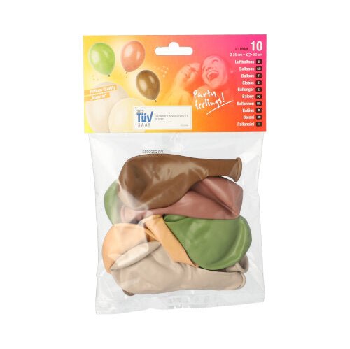 PAPSTAR GmbH:n läpinäkyvä muovipakkaus sisältää kymmenen värilajiteltua ilmapalloa (Ø 25 cm) maanläheisissä sävyissä. Yläosa näyttää värikkäitä grafiikoita ja tekstejä, jotka viittaavat korkealaatuisiin juhlapalloihin. Tuote: PAPSTAR 10 ilmapalloa värilajitelma.