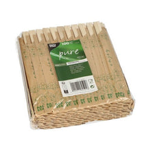 100 kappaleen pakkaus PAPSTAR syömäpuikkoja puu "pure", kukin 21 cm ja yksittäin käärittynä folioon, PAPSTAR GmbH näyttää ympäristöystävällisiä symboleja vihreässä ja valkoisessa pakkauksessa.