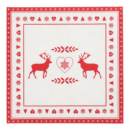 PAPSTAR 20 lautasliinaa, 40 cm x 40 cm, 3-kerroksinen, PAPSTAR GmbH:lta, punaisella ja valkoisella designilla: kaksi poroa, sydän lumihiutaleella ja juhlallinen reunakuvio sydämistä, lumihiutaleista ja puista.