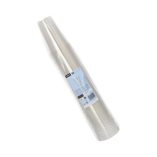 Pino Starpak 50 juomamukia R-PET kirkas kirkkaassa kalvossa sinivalkoisella etiketillä – ympäristöystävällinen, läpinäkyvä ja täydellinen jokaiseen tilaisuuteen.