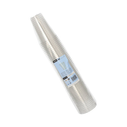 Pino Starpak 50 juomamukia R-PET kirkas kirkkaassa kalvossa sinivalkoisella etiketillä – ympäristöystävällinen, läpinäkyvä ja täydellinen jokaiseen tilaisuuteen.