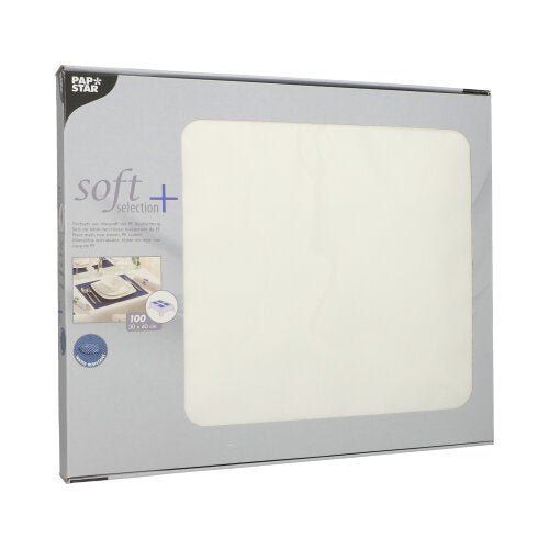 Laatikko PAPSTAR 100 pöytäsettiä, kankaan kaltainen kuitukangas "soft selection plus" (30 x 40 cm) PAPSTAR GmbH:ltä sisältää 100 pöytäsettiä, jotka näkyvät läpinäkyvän ikkunan kautta, pakkauksen vasemmalla puolella on tuotetiedot.
