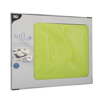 Pakkaus PAPSTAR 100 pöytäsettiä, kankaan kaltainen kuitukangas, Soft Selection Plus -linjasta (30 x 40 cm), toimitetaan osittain läpinäkyvässä pakkauksessa, jonka etupuolella on tuotetiedot. Ihanteellinen lisä servietteihin.