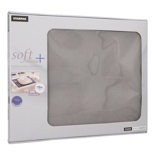 Laatikko PAPSTAR 100 pöytäsettiä "soft selection plus" PAPSTAR GmbH:ltä sisältää kankaan kaltaisia kuitukangasliinoja kooltaan 30 x 40 cm - ihanteellinen pöytäsetiksi. Harmaassa pakkauksessa on läpinäkyvä ikkuna, josta sisältö on nähtävissä.