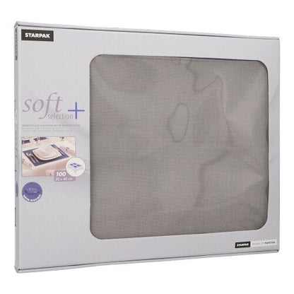Laatikko PAPSTAR 100 pöytäsettiä "soft selection plus" PAPSTAR GmbH:ltä sisältää kankaan kaltaisia kuitukangasliinoja kooltaan 30 x 40 cm - ihanteellinen pöytäsetiksi. Harmaassa pakkauksessa on läpinäkyvä ikkuna, josta sisältö on nähtävissä.