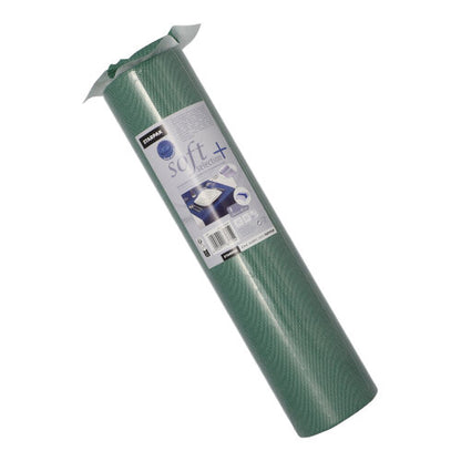 Ein aufgerollter Starpak-Tischläufer (stoffähnlich, Vlies „Soft Selection Plus“, 24 m x 40 cm) mit ausführlichem Etikett steht aufrecht vor einem weißen Hintergrund. Der Premium-Tischläufer ist ideal für besondere Anlässe.