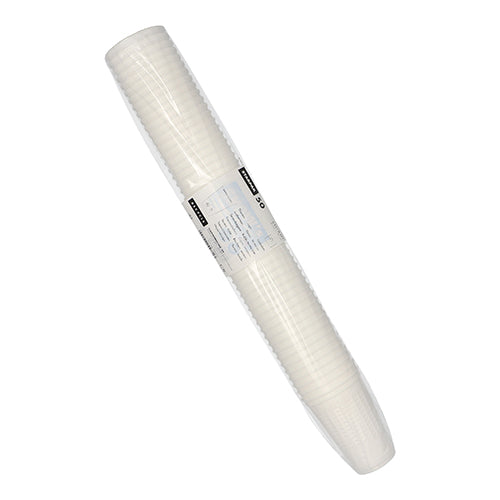 50 kappaleen pakkaus valkoisia Starpak termokuppeja (PP, 0,25 l, Ø 7,8 cm, 11 cm) kirkkaassa muovissa, keskellä etiketti – ihanteellinen kuumille juomille erinomaisen eristyksen ansiosta.