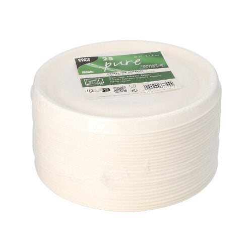 Pino 25 valkoista PAPSTAR "pure"-kantta sokeriruokokuitukulhoille (Ø 17 cm), pakattu kirkkaaseen kalvoon brändäyksellä - ihanteellinen mukavaan ja ympäristöystävälliseen ravintolatoimintaan PAPSTAR GmbH:ltä.