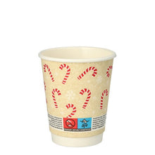 PAPSTAR Juomamuki "Candy Canes" (0,2 l, Ø 8 cm, kaksikerroksinen) PAPSTAR GmbH:ltä koostuu beigeistä mukeista, joissa on punaisia ja valkoisia karkkikeppejä, valkoisia lumihiutaleita ja etiketti varoitusmerkeillä valkoisella pohjalla. Pakkaus sisältää 25 kappaletta.