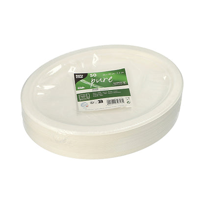 Pino valkoisia, soikeita kertakäyttölevyjä PAPSTAR 50 Teller, Zuckerrohr „puhdas“ der PAPSTAR GmbH, pakattu kalvoon vihreä-valkoisella etiketillä.