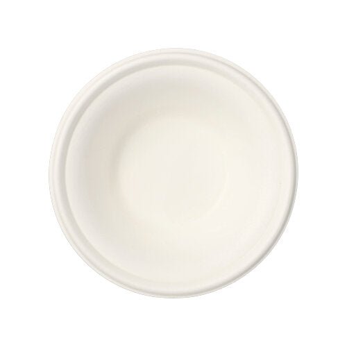 Pyöreä, yksinkertainen valkoinen kulho "pure"-kokoelmasta (12 kulhoa) PAPSTAR GmbH:ltä, valmistettu ympäristöystävällisestä sokeriruo'osta, ylhäältä katsottuna valkoisella taustalla.