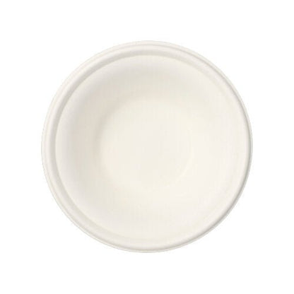 Pyöreä, yksinkertainen valkoinen kulho "pure"-kokoelmasta (12 kulhoa) PAPSTAR GmbH:ltä, valmistettu ympäristöystävällisestä sokeriruo'osta, ylhäältä katsottuna valkoisella taustalla.