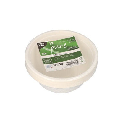 Pino 12 PAPSTAR kulhoa, sokeriruoko "pure" PAPSTAR GmbH:ltä pakkauksessa, jossa on vihreä etiketti. Jokainen ympäristöystävällinen kertakäyttökulho vetää 500 ml ja on valmistettu biohajoavasta materiaalista.