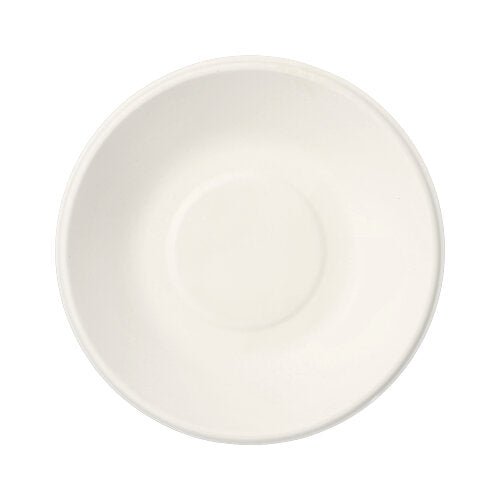 Yksinkertainen valkoinen PAPSTAR 12 kulhoa, sokeriruoko "pure", PAPSTAR GmbH:ltä, ylhäältä katsottuna yksinkertaisella pyöreällä muodolla ja keskellä olevalla syvennyksellä - elegantti, ympäristöystävällinen vaihtoehto kertakäyttöastioille.