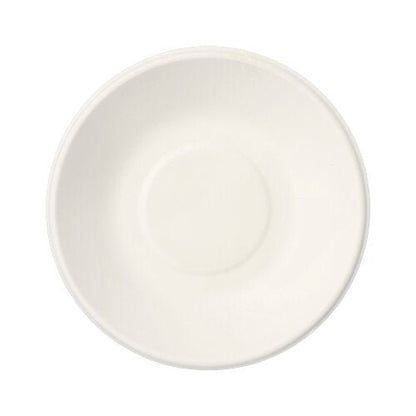 Yksinkertainen valkoinen PAPSTAR 12 kulhoa, sokeriruoko "pure", PAPSTAR GmbH:ltä, ylhäältä katsottuna yksinkertaisella pyöreällä muodolla ja keskellä olevalla syvennyksellä - elegantti, ympäristöystävällinen vaihtoehto kertakäyttöastioille.