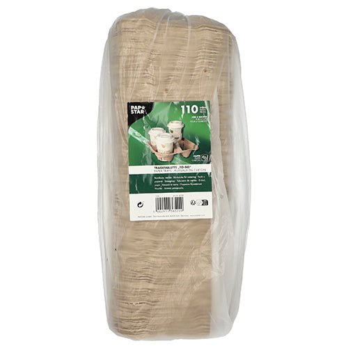 Läpinäkyvä muovipakkaus, jossa on 110 PAPSTAR GmbH kantokaukaloa "To Go" luonnonvärisinä, kukin 4,7x22,4 cm kuppeihin. Ympäristöystävällinen etiketti näyttää kertakäyttöastioiden kuvia sekä tuotetietoja useilla kielillä.