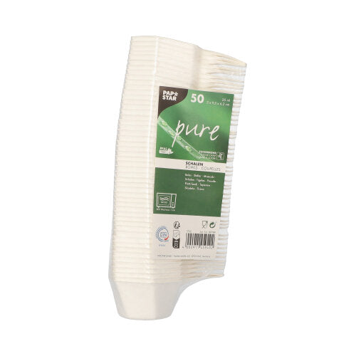 Pakkaus, jossa on 50 valkoista kuusikulmaista "pure" sokeriruokosormiruokakulhoa PAPSTAR GmbH:lta – ympäristöystävälliset kertakäyttölautaset, täydelliset kestävään kokoontumiseen.