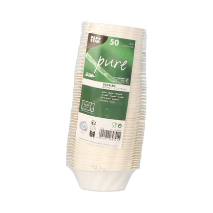 Pino 50 PAPSTAR sormiruokakulhoa sokeriruoko, valkoinen, 3x9,5x6 cm "Wave" PAPSTAR GmbH:lta, kääritty muoviin, jossa on tuotetietoja ja kierrätyssymboleja, vihjeenä kestävistä sormiruokapakkauksista.