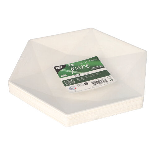 Pino valkoisia, kuusikulmaisia PAPSTAR sokeriruokolaudan "pure" 6-kulmaisia lautasia (25 kappaletta, ympäristöystävällisiä) PAPSTAR GmbH:lta, joissa on vihreä-valkoinen etiketti tuotetiedoilla ja viivakoodilla yläpuolella.