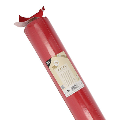 Rulla pöytäliinaa "ROYAL Collection" PAPSTAR GmbH:lta, 20 m x 1,18 m, punaisena värinä beige etiketillä ja osittain kierretyllä yläreunalla, korkealaatuisesta PV-Tissue Mixistä kankaan kaltaiselle tuntumalle.