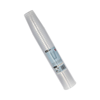 Pino Starpak 40 särkymättömiä uudelleenkäytettäviä laseja omenaviinille (0,25 l, Ø 7 cm, 10,5 cm), pakattu kutistekalvoon, jossa on valko-sininen etiketti tuotetiedoilla.