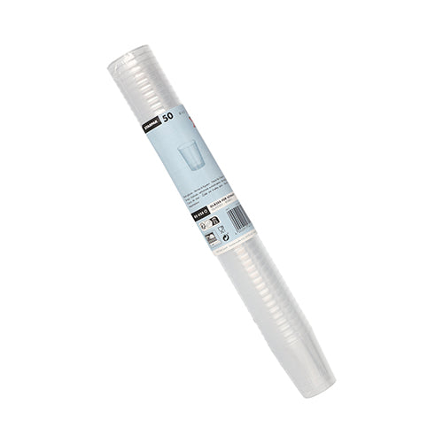 Pino 50 kirkasta, särkymätöntä Starpak-PP-snapsilasia, pakattu sylinterimuotoon sinivalkoisella etiketillä keskellä.