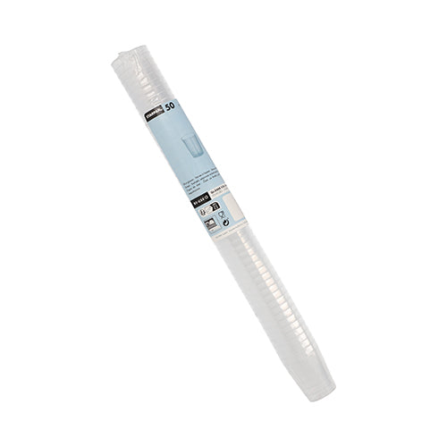 Eine Rolle mit 50 Starpak Mehrweg-Gläsern für Schnaps aus unzerbrechlichem Polypropylen (PP) ist in transparenter Verpackung mit Etikett, Markenname und einer kleinen Abbildung eines Glases versehen.