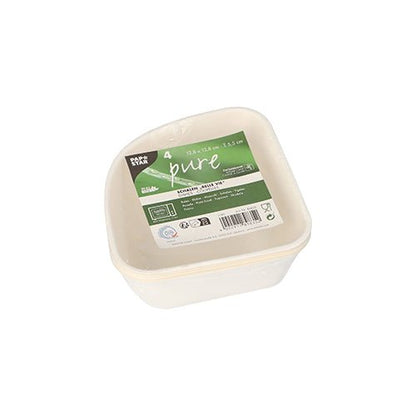 Pino neljästä valkoisesta "pure" Belle Vie, Ligne Carrée -sokeriruokokulhosta PAPSTAR, jossa on vihreä-valkoinen etiketti tuotetiedoilla ja kierrätyssymboleilla. Biologisesti hajoavat kulhot ovat PAPSTAR GmbH:n valmistamia ja kasvipohjaisia.