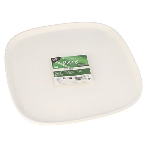 Pino valkoisia, neliönmuotoisia PAPSTAR 4 sokeriruokotelleriä "pure" Belle Vie, Ligne Carrée PAPSTAR GmbH:ltä, hygienisesti muoviin pakattuna vihreä-valkoisella etiketillä, jossa on tuotetietoja keskellä.