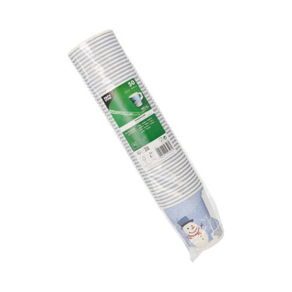 50 kappaleen PAPSTAR GmbH kertakäyttöinen pahvimuki kahvalla, 8 cm halkaisija, "Lumiukko"-design - lumiukko sinisellä hatulla ja huivilla. Muovipakkauksessa oleva setti, täydellinen juhlajuomille.