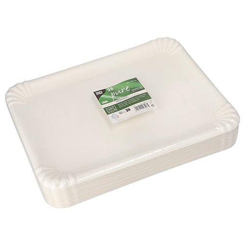 Pakkaus, jossa on 25 suorakulmaista valkoista PAPSTAR tarjoilulautasta sokeriruoko "pure" 26x35 cm PAPSTAR GmbH:lta, kompostoitavia ja ympäristöystävällisiä kertakäyttöastioita, joissa on uritettu reuna, valmistettu sokeriruo'osta ja pakattu kutistekalvoon.