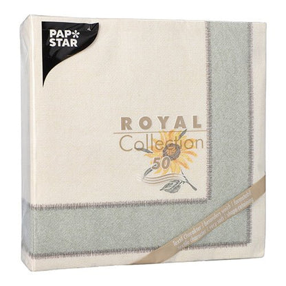 PAPSTAR 50 lautasliinaa "ROYAL Collection" 1/4-taitto 40 x 40 cm esittää auringonkukkamotiivin kermanvärisellä taustalla harmaalla reunalla, kuten etiketissä on esitetty. Merkki: PAPSTAR GmbH.