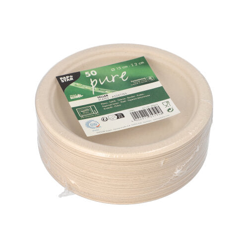 PAPSTAR 50 sokeriruokotelleriä "pure" PAPSTAR GmbH:lta: 15 cm kokoiset, kestävät kertakäyttölautaset sokeriruosta, ympäristöystävällisesti pakattuina muoviin vihreä-valkoisella etiketillä - osa tietoista tuotesarjaa.