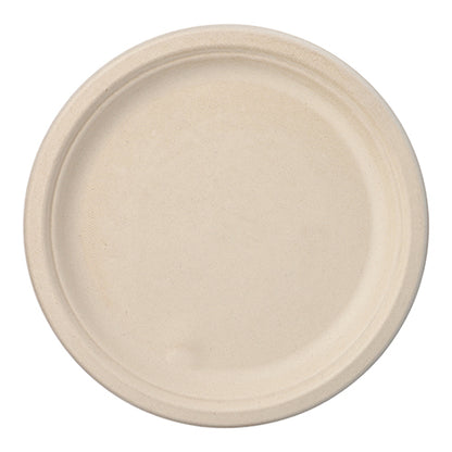 Yksinkertainen, pyöreä PAPSTAR 50 sokeriruokotelleri "pure" PAPSTAR GmbH:lta, valmistettu kompostoituvasta materiaalista. Se on beige, siinä on hieman kohotettu reuna, se on koristelematon ja kuvattu ylhäältä valkoisella pohjalla.