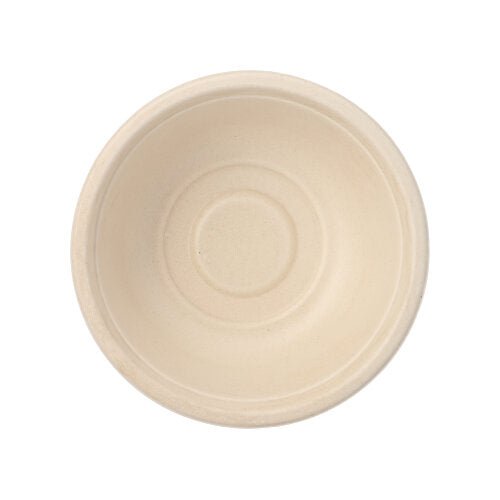 Ylhäältä katsottuna tyhjä, pyöreä, beige PAPSTAR 12 kulhoa, sokeriruoko "pure" kulho PAPSTAR GmbH:ltä, valmistettu ympäristöystävällisestä sokeriruo'osta, jossa on hieman kohotettu reuna ja pyöreät kuviot sisällä.