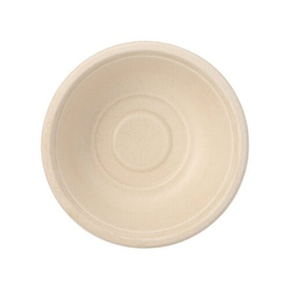 Ylhäältä katsottuna tyhjä, pyöreä, beige PAPSTAR 12 kulhoa, sokeriruoko "pure" kulho PAPSTAR GmbH:ltä, valmistettu ympäristöystävällisestä sokeriruo'osta, jossa on hieman kohotettu reuna ja pyöreät kuviot sisällä.