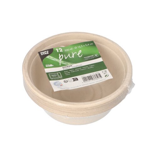 Pakkaus, jossa on 12 PAPSTAR sokeriruokokulhoa "pure" (500 ml, 15,5 x 5,4 cm), biohajoava ja ympäristöystävällinen, ihanteellinen kestävään elämään; PAPSTAR GmbH:ltä.