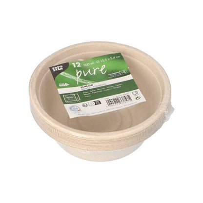 Pakkaus, jossa on 12 PAPSTAR sokeriruokokulhoa "pure" (500 ml, 15,5 x 5,4 cm), biohajoava ja ympäristöystävällinen, ihanteellinen kestävään elämään; PAPSTAR GmbH:ltä.