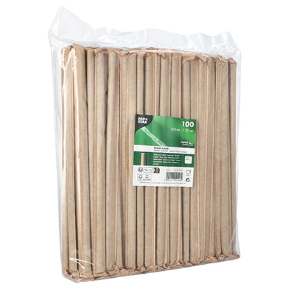 Läpinäkyvä muovipakkaus, jossa on 100 PAPSTAR ravistelupilliä (musta, Ø 8 mm, 25 cm, yksittäin pakattu) PAPSTAR GmbH:lta, vihreä-valkoinen tuotetarra edessä.