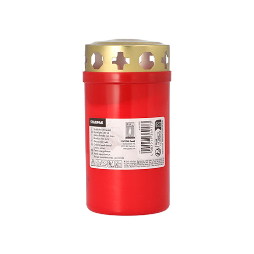 Starpak-hautakynttilä kultakannella Ø 6,4 cm · 12,5 cm kotelolla Starpakilta seisoo pystyasennossa yksinkertaisella valkoisella alustalla, kultaisella kannella ja tuote-etiketillä. Ihanteellinen hautausmaalle.