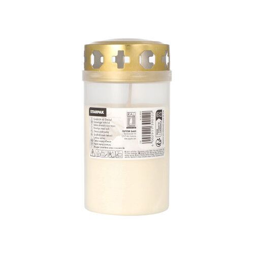 Starpak-hautakynttilä kultakannella Ø 6,4 cm · 12,5 cm kotelolla on valkoinen hautakynttilä läpikuultavassa astiassa, jossa on ristimuotoisia aukkoja kultaisessa kannessa, varustettuna tuotetiedoilla – ihanteellinen käyttöön hautausmaalla.