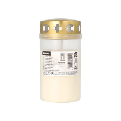 Starpak-hautakynttilä kultakannella Ø 6,4 cm · 12,5 cm kotelolla on valkoinen hautakynttilä läpikuultavassa astiassa, jossa on ristimuotoisia aukkoja kultaisessa kannessa, varustettuna tuotetiedoilla – ihanteellinen käyttöön hautausmaalla.