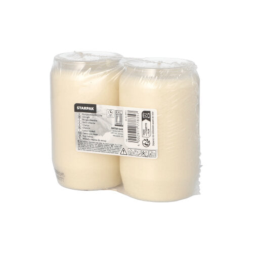 Zwei PAPSTAR 2 Kompositions-Öl-Lichte (Ø 5,8 cm, 9,6 cm) der PAPSTAR GmbH sind in transparenter Schrumpffolie verpackt mit Produktinfo und Barcode; Ideal für eine gemütliche Atmosphäre. Einfacher weißer Hintergrund.