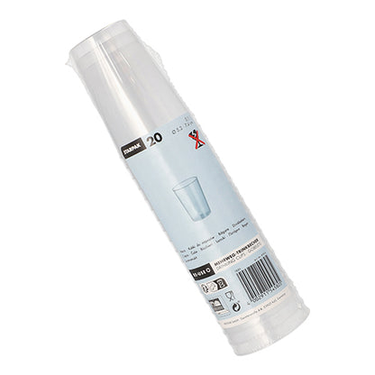 Muoviin pakattu pakkaus, jossa on 20 Starpak uudelleenkäytettävää juomamukia, PP, 0,1 l, Ø5,2 cm × 7,4 cm, läpikuultava ja särkymätön, varustettuna etiketillä, jossa on tuotetiedot, kuppi-illustratio, viivakoodit ja kierrätyssymbolit.