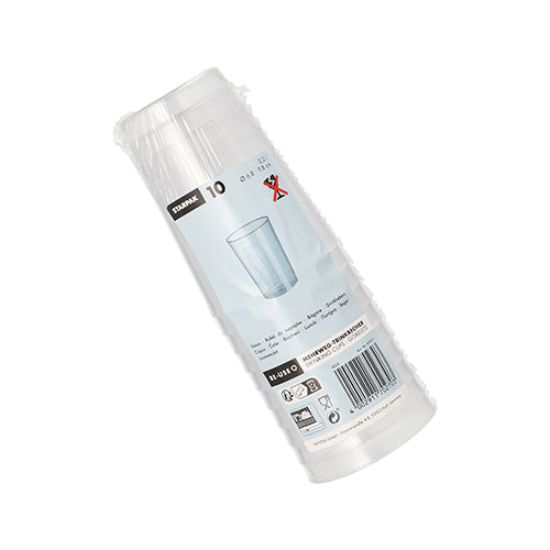 10 läpinäkyvää, särkymätöntä monikäyttömukia PP:stä Starpakilta, kirkkaassa pakkauksessa, jossa on etiketti, viivakoodi ja mukikuva.