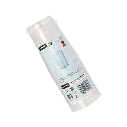 10 läpinäkyvää, särkymätöntä monikäyttömukia PP:stä Starpakilta, kirkkaassa pakkauksessa, jossa on etiketti, viivakoodi ja mukikuva.